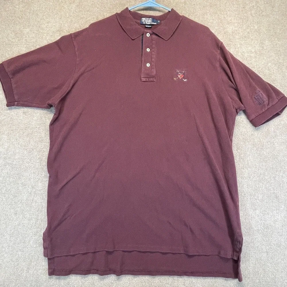 Polo Ralph Lauren Vintage Polo Shirt Men's XL Burgundy Cotton Golf Shield NEVIS